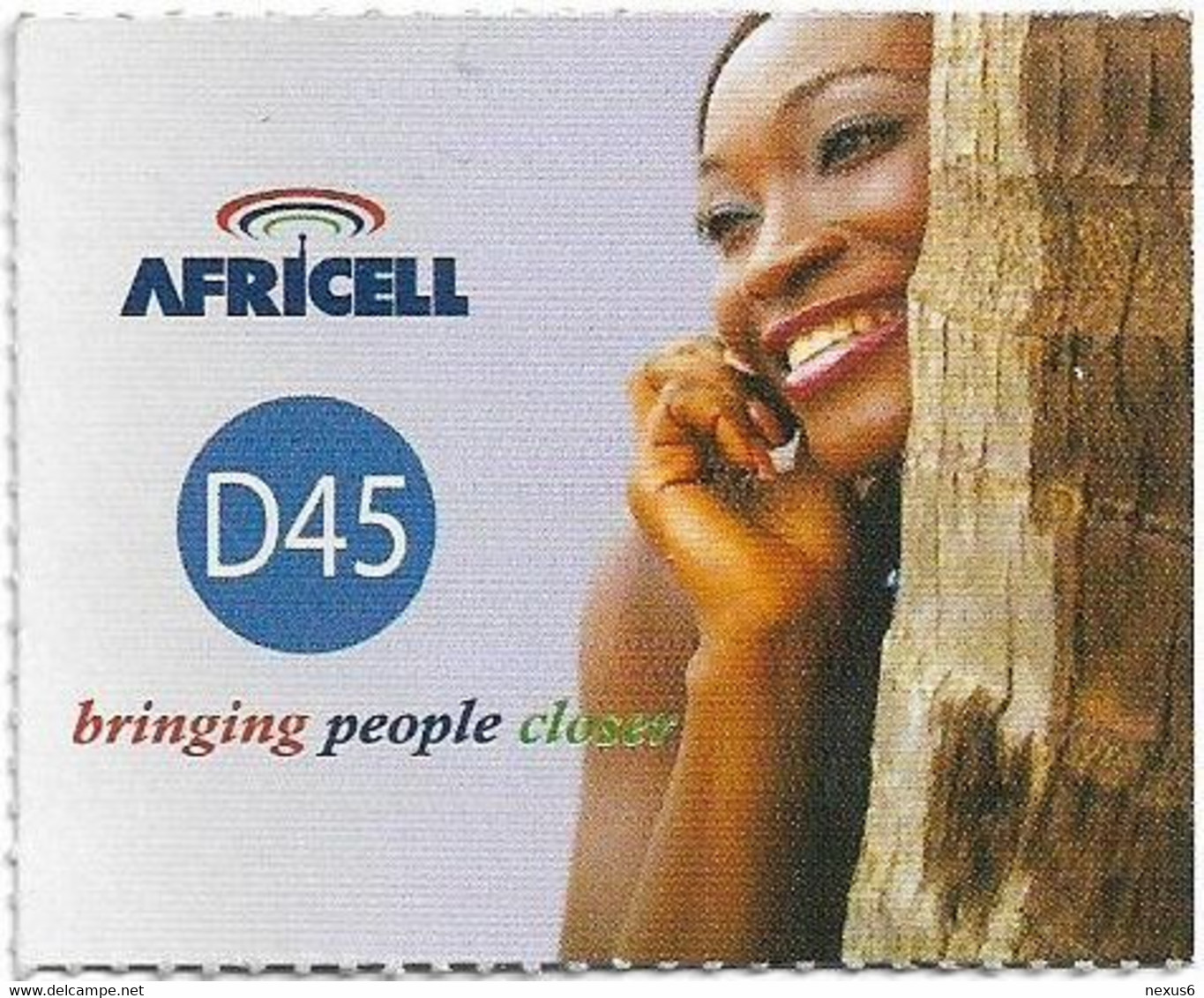 Gambia - Africell - Bringing People Closer, Woman On Phone, GSM Refill 45GD, Used - Gambia
