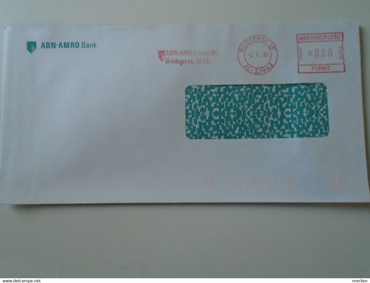 AD00012.118  Hungary Cover  -EMA Red Meter Freistempel-   2001   Budapest  ABN AMRO  Bank - Timbres De Distributeurs [ATM]