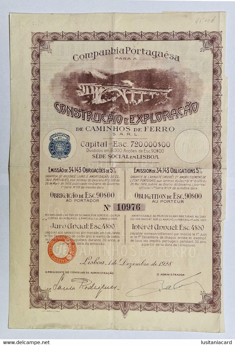 PORTUGAL-LISBOA-C.ªPortuguesa Para A Construção E Exploração De Caminhos De Ferro-Obrig.de 90$00 Nº10976-01DEZ1928 - Verkehr & Transport