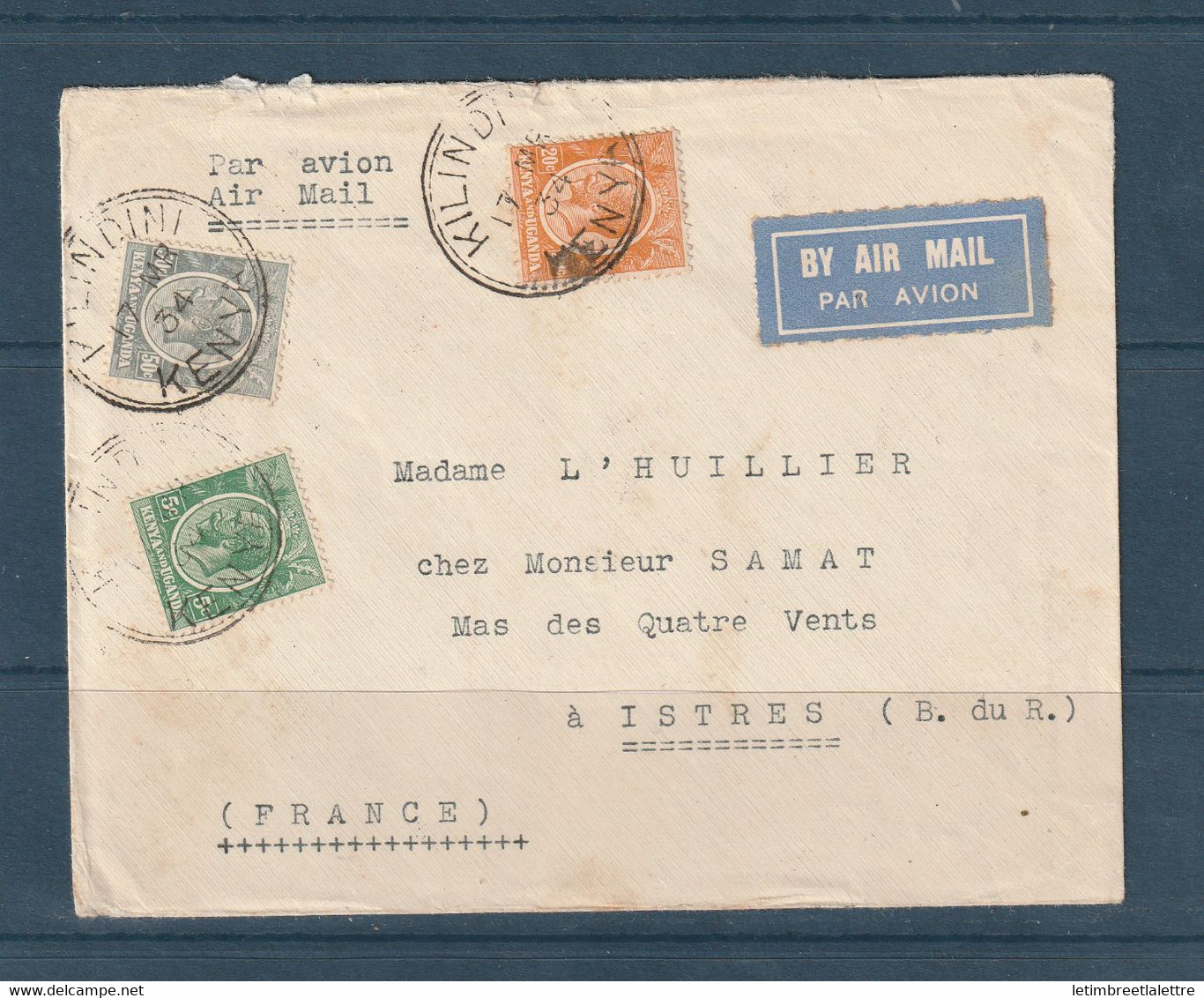 Kenya - Enveloppe ( Messageries Maritimes ) Tamatave - Cachet Kilindini Pour Istres ( France ) Par Avion - 1934 - Kenya & Oeganda