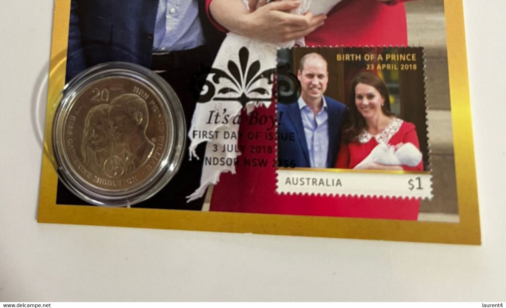 (3 Oø 35 A) Australia 2018 Prince George Birth Maxicard + 20 Cent Prince William Royal Wedding 2011 Coin - 50 Cents