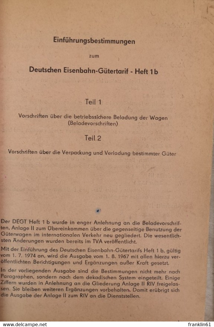 Deutscher Eisenbahn-Gütertarif Heft 1b. Nr. 3 Des Tarifverzeichnisses. - Transport