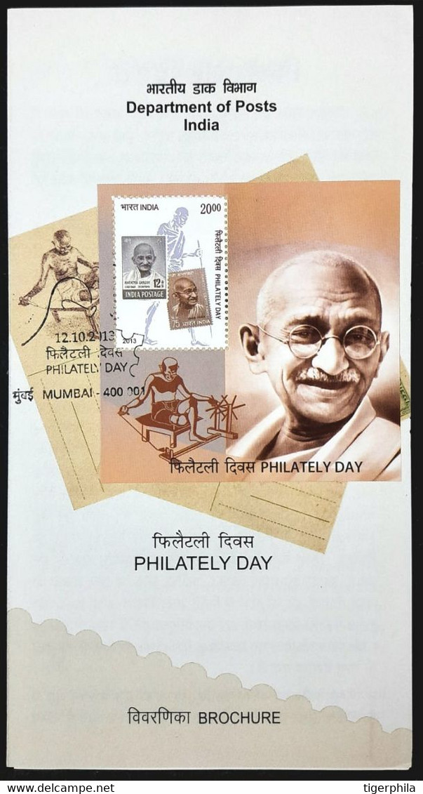 INDIA 2013 Philately Day Gandhi MINIATURE SHEET Folder MUMBAI TIED CANCELLATION - Brieven En Documenten