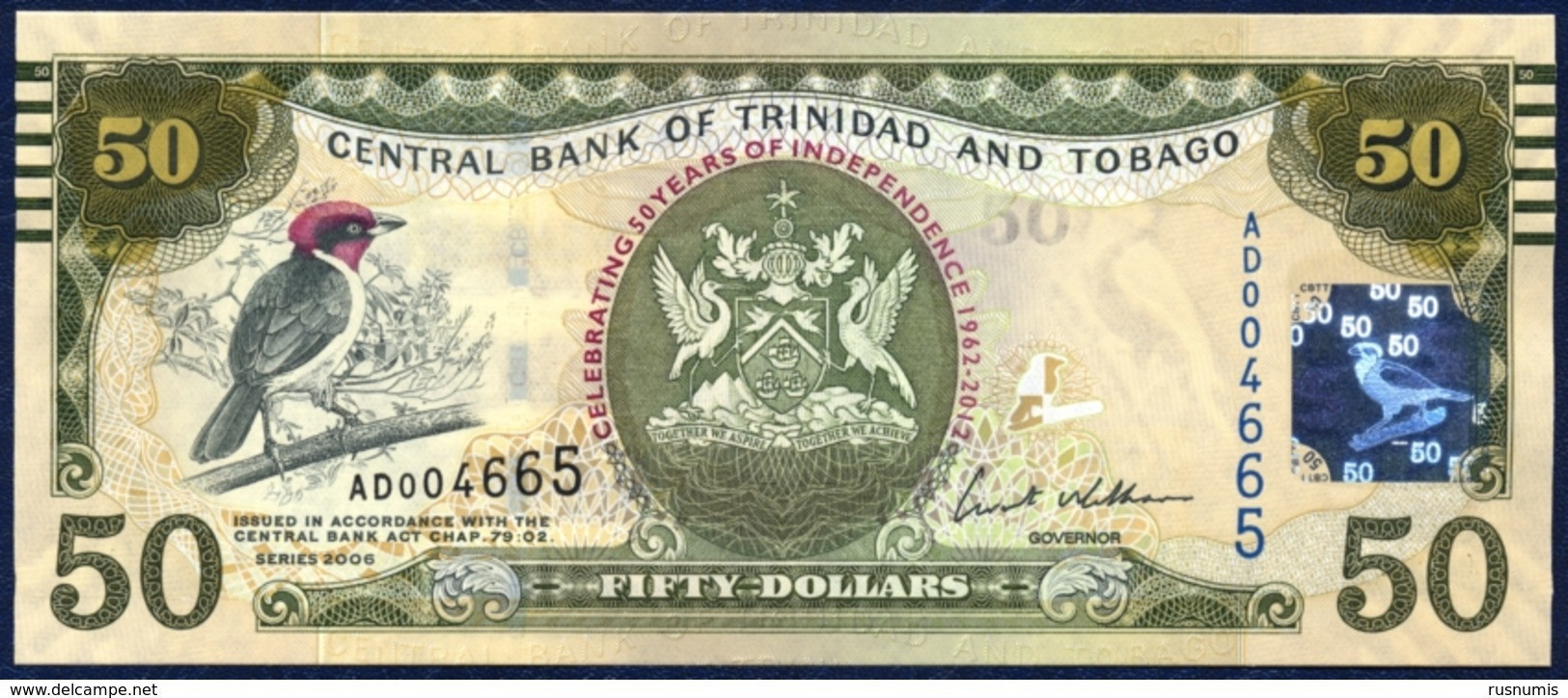 TRINIDAD AND TOBAGO 50 DOLLARS P-53 COMMEMORATIVE 50th ANNIVERSARY OF INDEPENDENCE CARDINAL BIRD  2006 / 2012 UNC - Trinidad & Tobago