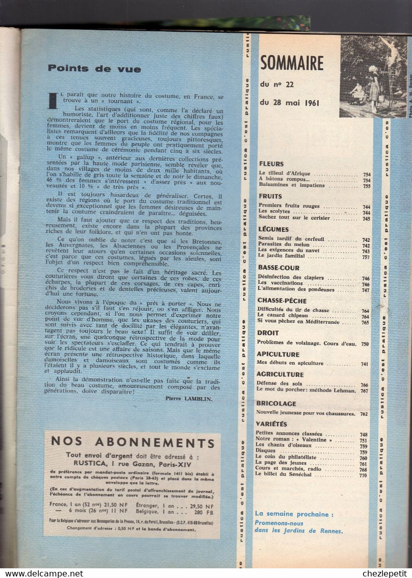 RUSTICA N°22 1961 Apiculture Navet Melon Cerisier Poules Pondeuses Pêche Porc - Garten