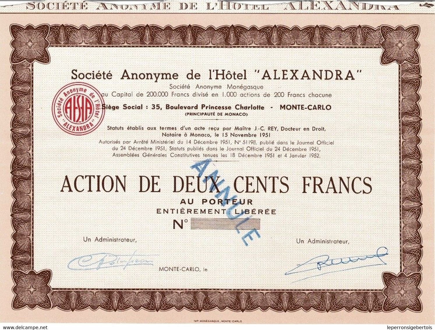 - Titre De 1951 - Société Anonyme De L'Hôtel Alexandra - A Monte-Carlo - Société Anonyme Monégasque - - Toerisme