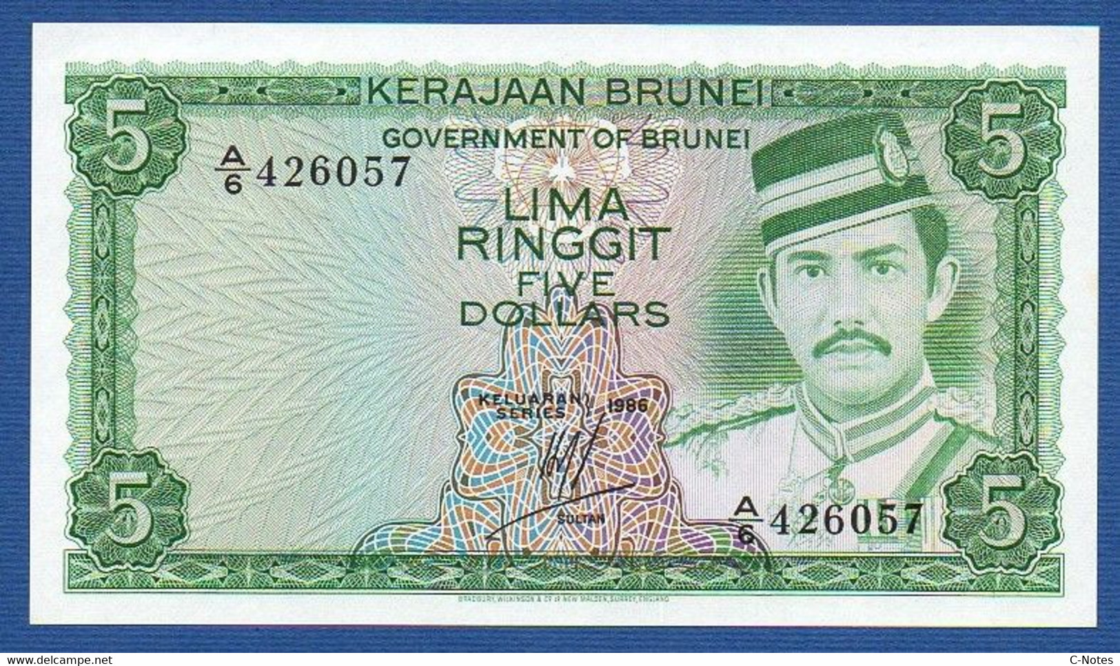 BRUNEI - P. 7b – 5 Ringgit / Dollars 1986 UNC, Serie A/6 426057 - Brunei