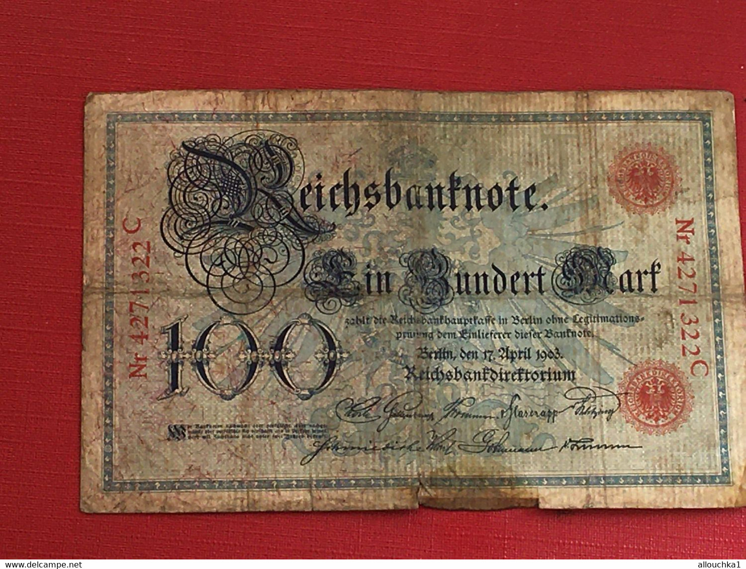 Reichsbanknote 100 Mark 7. Februar 1908 3 Stück Grüne Siegel Erhaltung Guter Zustand Rot -Billet Banque Allemagne-Bank - 100 Mark