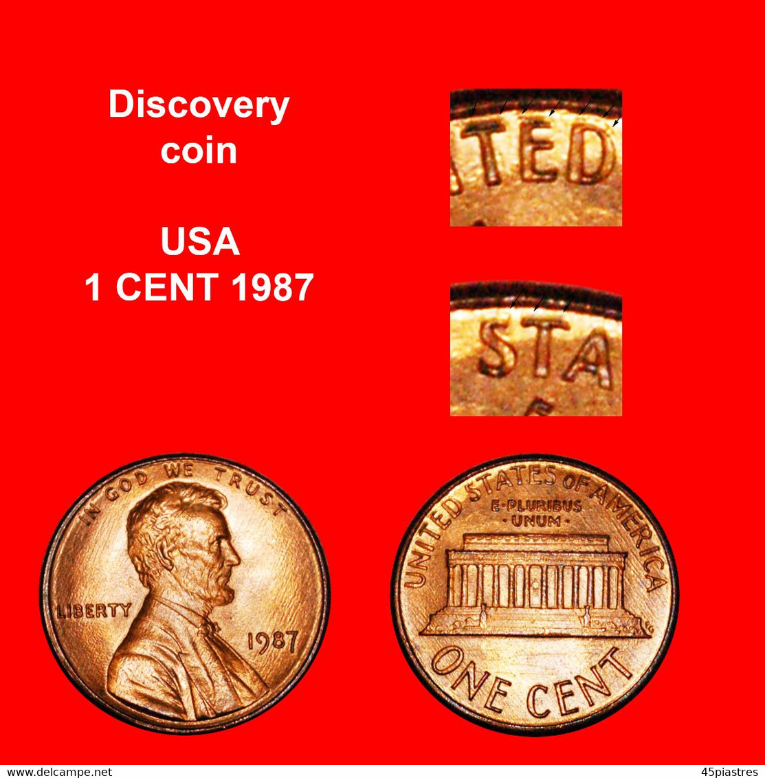 * MEMORIAL (1982-2008):USA1 CENT 1987 UNC MINT LUSTRE DISCOVERY COIN UNPUBLSIHEDLINCOLN 1809-1865LOW STARTNO RESERVE - Abarten