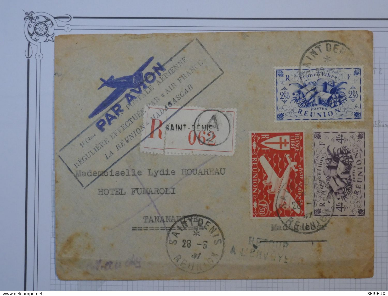 BO4  LA REUNION BELLE LETTRE RECOM.1947 PREMIER VOL AVION ST DENIS POUR TANANARIVE MADAGASCAR + AFFRANCHIS. INTERESSA - Poste Aérienne