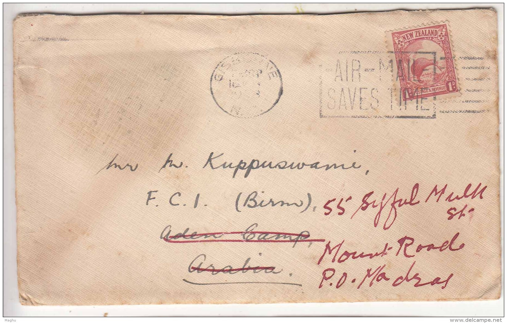 Slogan 'Air Mail Saves Time' Airmail From New Zealand To Aden, Redirect To India 1938 Cover, Kiwi Bird, - Briefe U. Dokumente