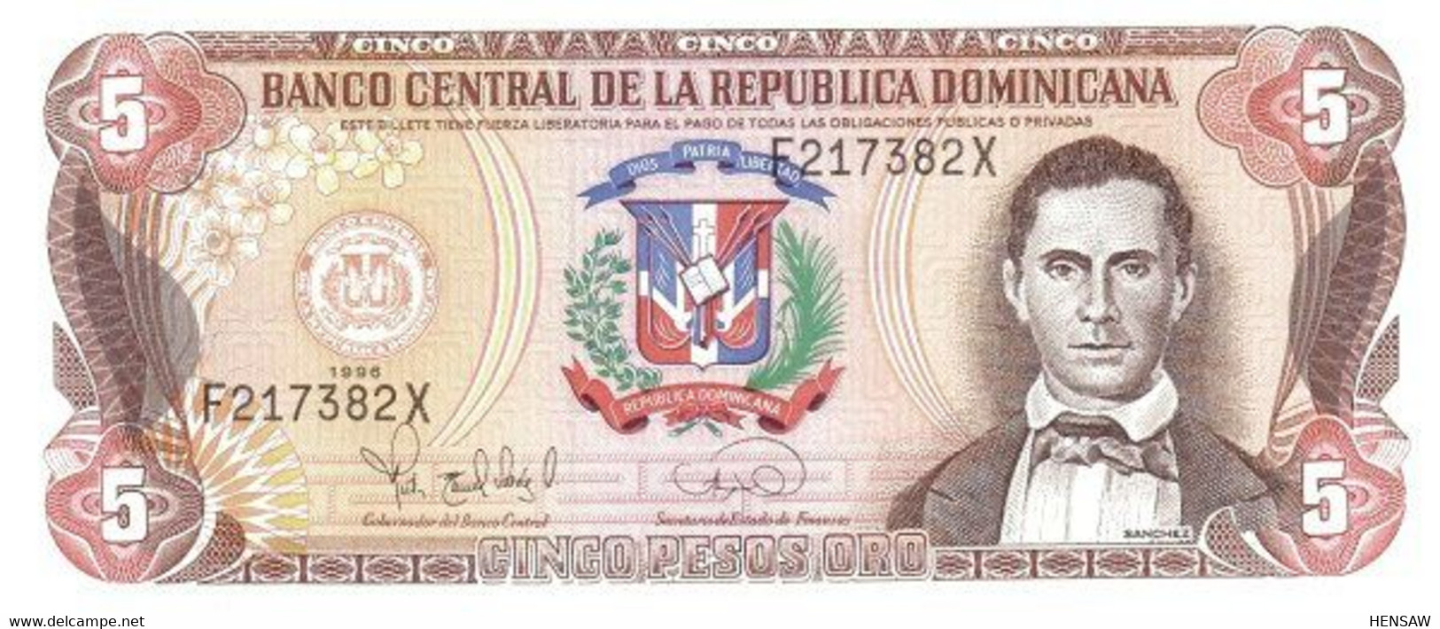 DOMINICAN REPUBLIC 5 PESOS ORO 1996 P 152a UNC SC NUEVO - Repubblica Dominicana