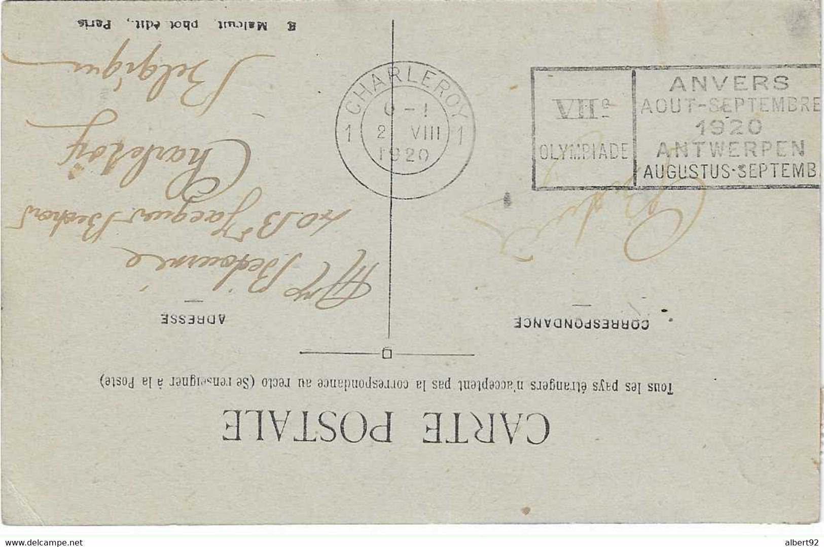 1920 Jeux Olympiques D'Anvers: Bureau Postal De Charleroy (en Arrivée) - Zomer 1920: Antwerpen