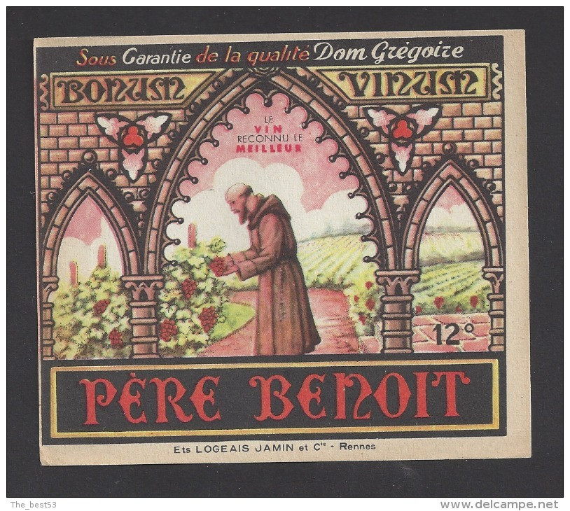 Etiquette De Vin De Table  -  Père Benoit  -   Thème  Religion  Moine  -   Ets Logeais Et Cie  à  Rennes  (35) - Religie