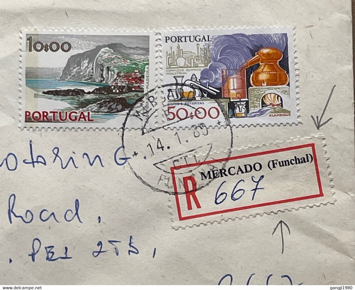 PORTUGAL MADEIRA 1980, PORTUGAL STAMP USED !! COVER USED TO ENGLAND, MERCADO  REGISTER & FUNCHAL CITY CANCEL, CHEMICAL P - Funchal