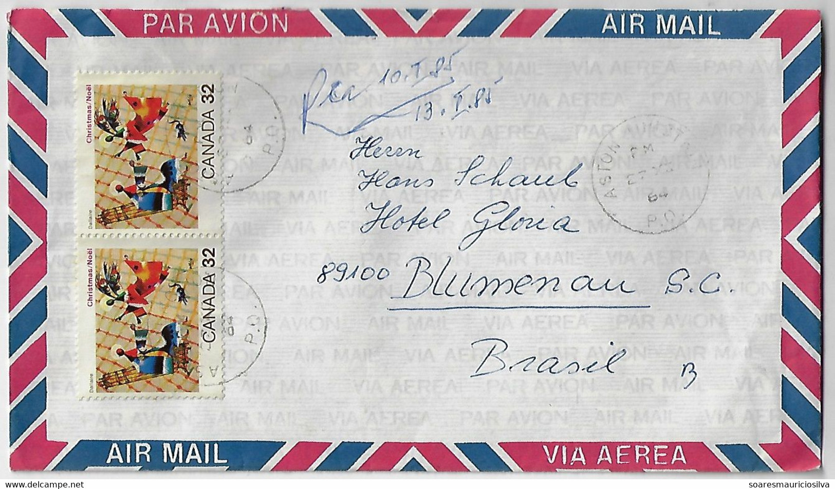 Canada 1984 Airmail Cover Sent From Sainte-Eulalie To Blumenau Brazil Pair Of Stamp Christmas 32 Cents - Briefe U. Dokumente