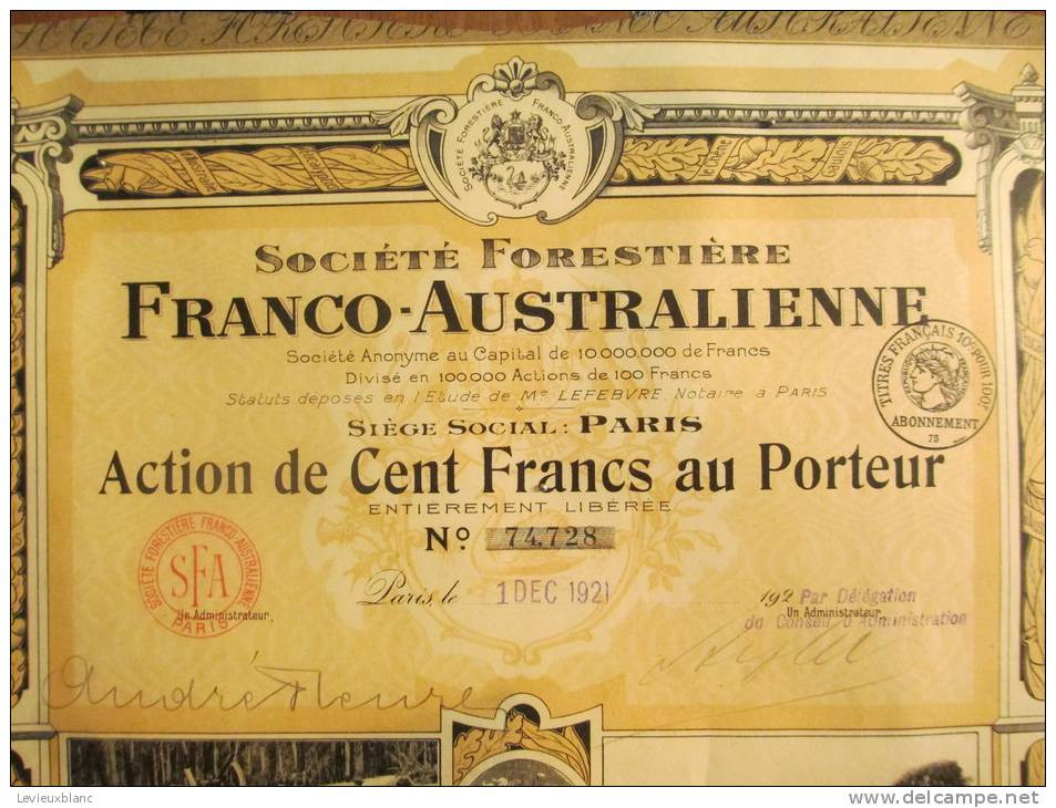 Société Forestiere Franco-Australienne/ Action De 100 Francs Au Porteur/Paris/Royer/nancy/1921       ACT27Bis - Cars
