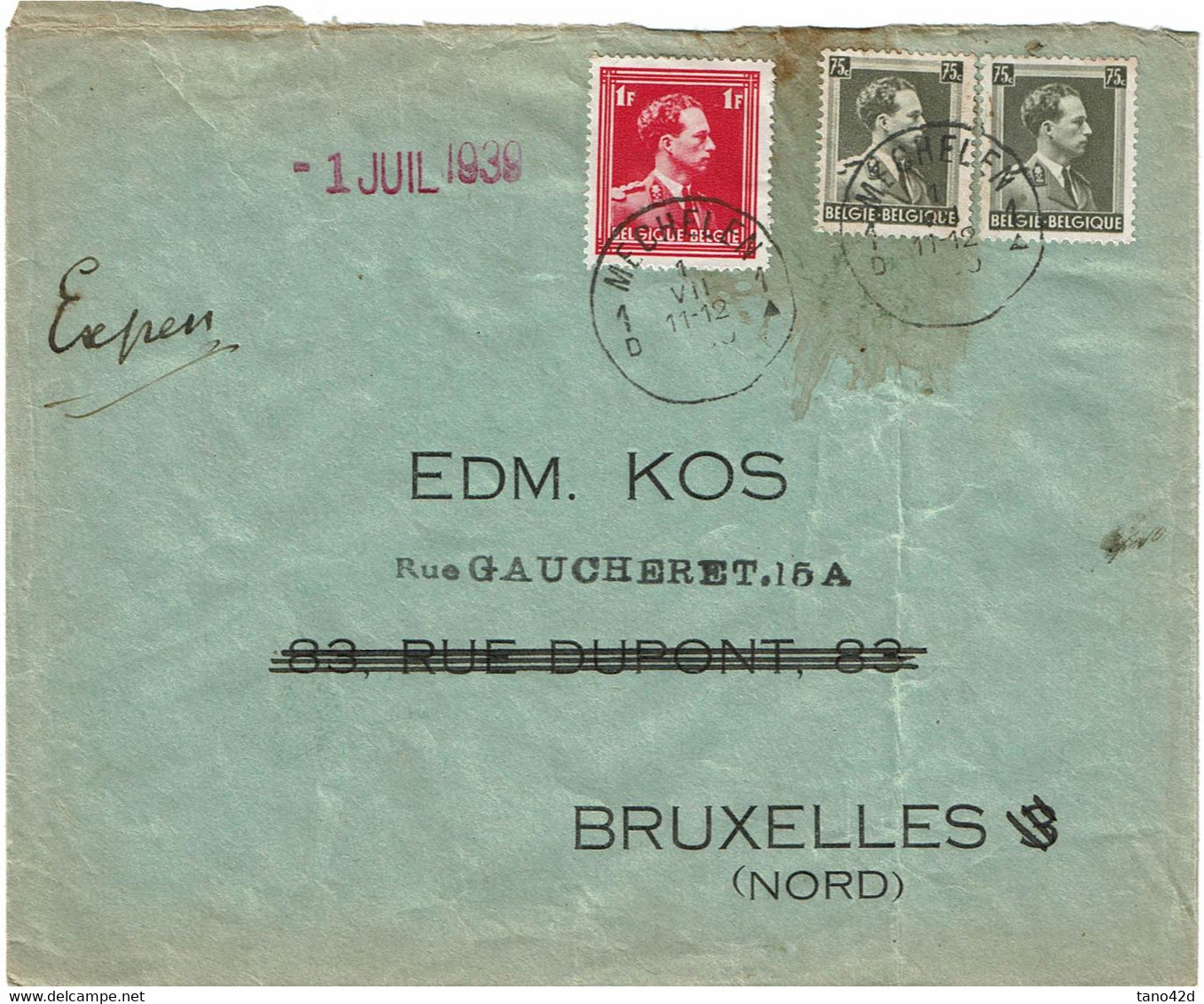 CTN82 - BELGIQUE LEOPOLD III S/LETTRE  EDM. KOS MECHELEN/ BRUXELLES 11/12/19?? - 1934-1935 Léopold III