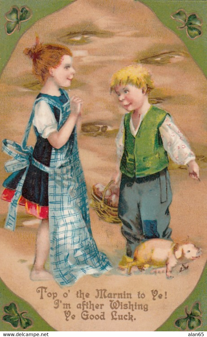 St. Patrick's Day, Girl And Boy With Pig, C1900s/10s Vintage Embossed Postcard - Saint-Patrick's Day