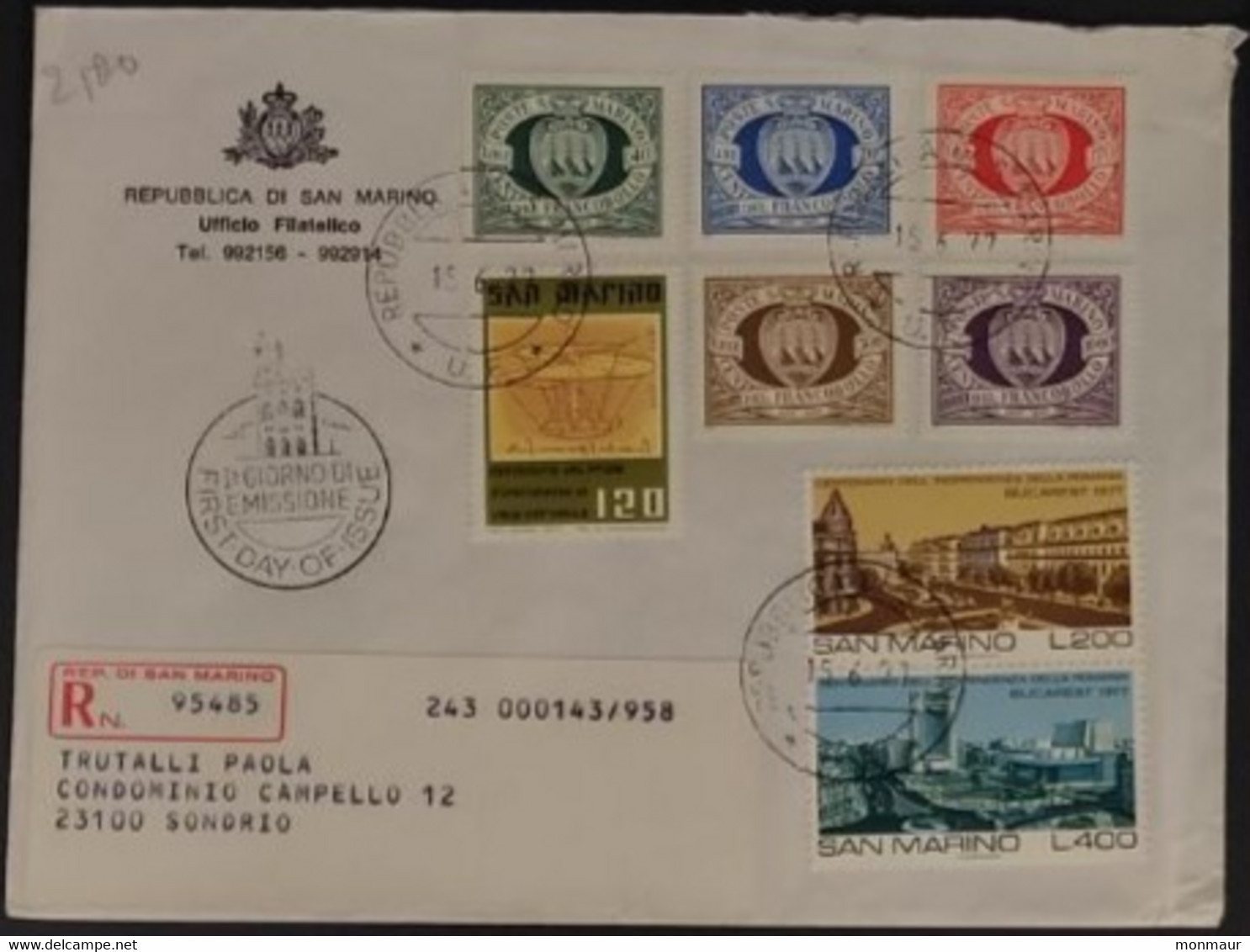 SAN MARINO 1975 RACCOMANDATA FDC  BUCAREST+VOLO VERTICALE+FRANCOBOLLO - Used Stamps