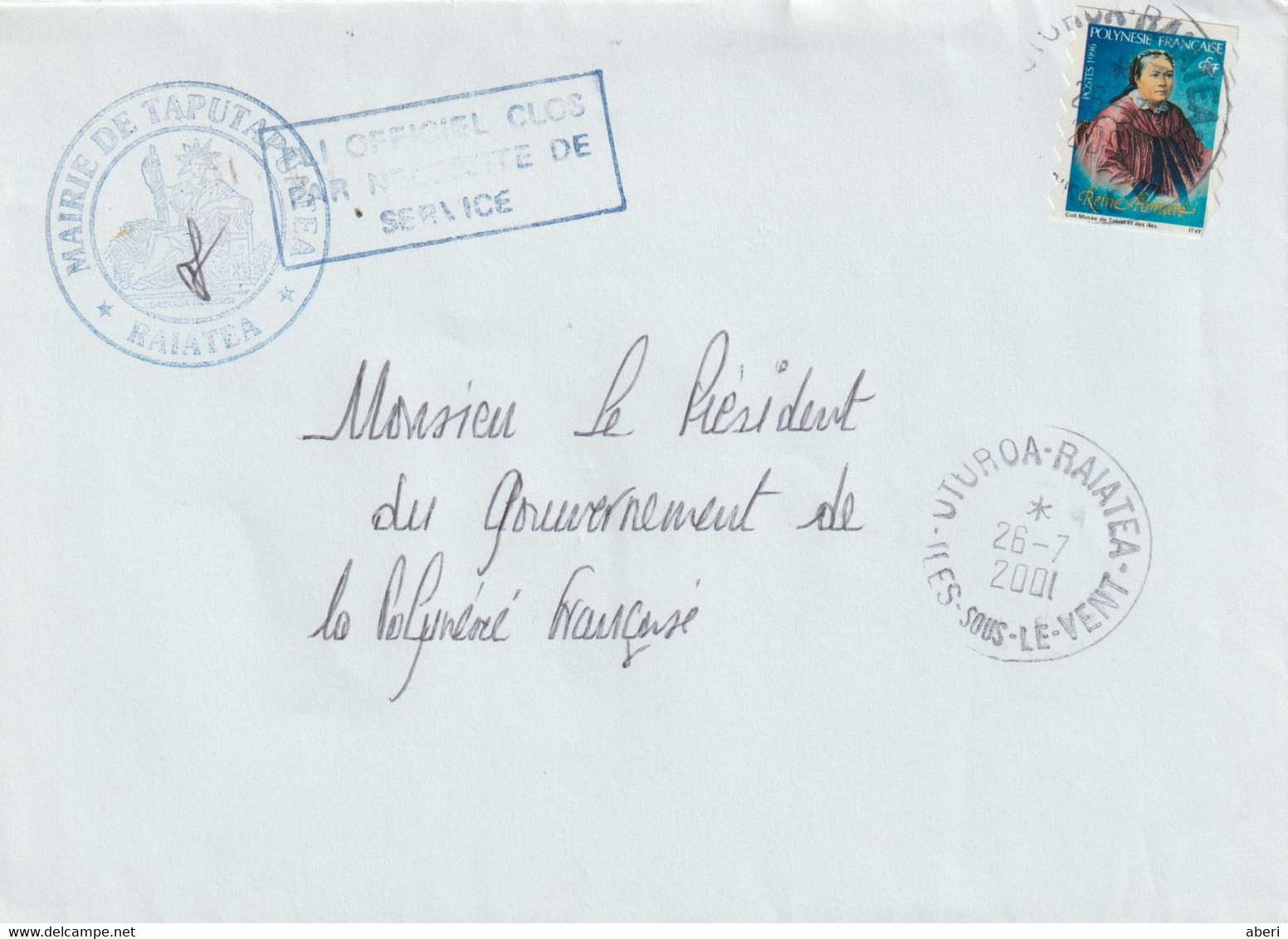 15614   Mairie De TAPUTAPUATEA - RAIAREA - ISLV  - POLYNÉSIE FRANÇAISE - 2001 - Lettres & Documents