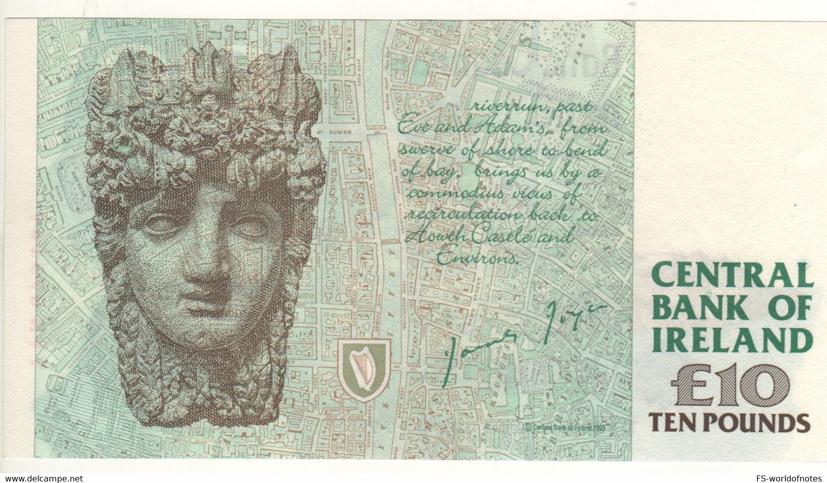 IRELAND 10 Pounds   P76b    Dated 02-07-1999 (  James Joyce  +   Liffey River Mask; Street Map Of Dublin At Back ) - Ireland