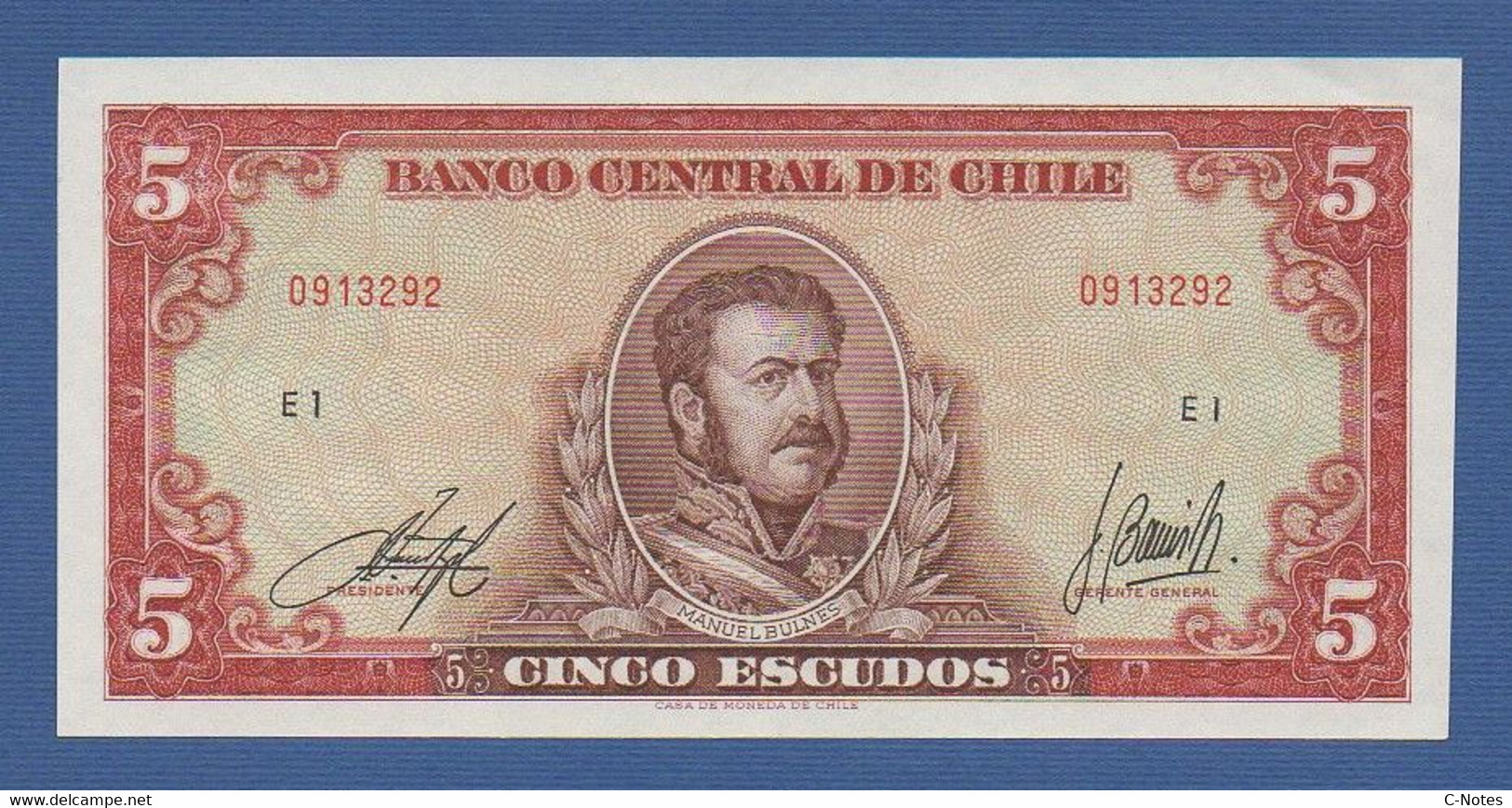 CHILE - P.138 (6) – 5 Escudos ND 1964 UNC, Serie E1 0913292 - Chile