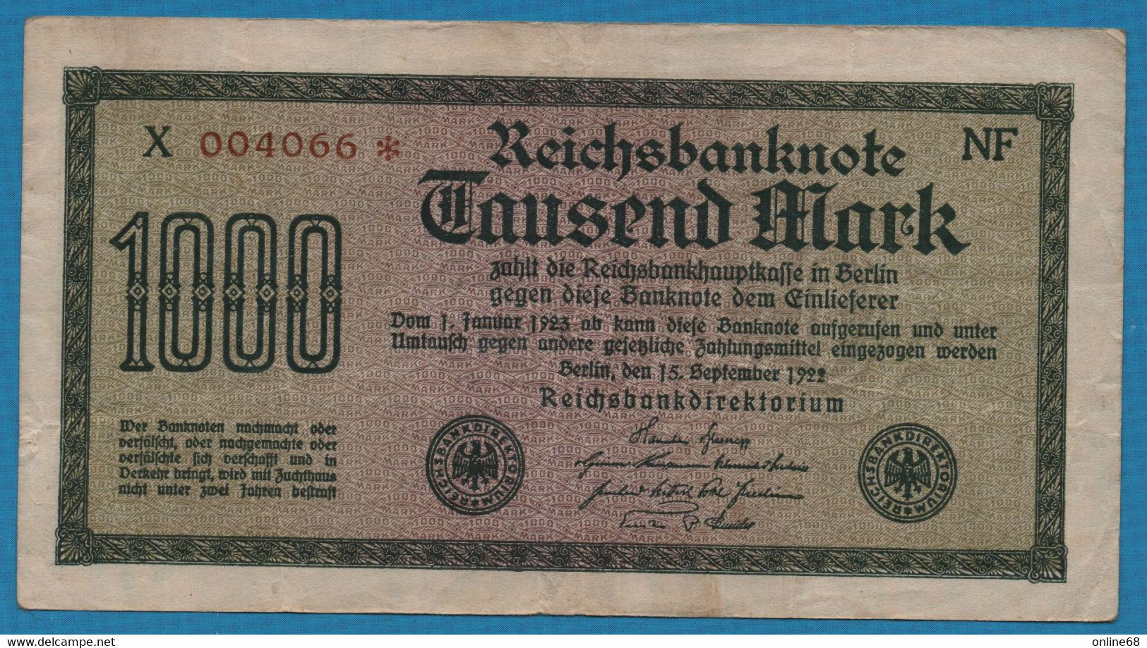 DEUTSCHES REICH 1000 MARK 15.09.1922 # X 004066 NF P# 76c - 1000 Mark