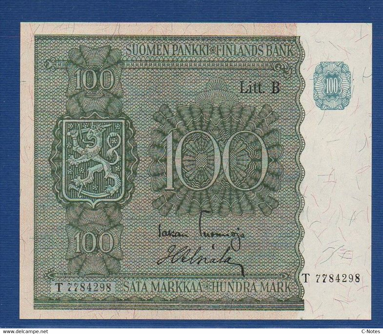 FINLAND - P. 88a (20) – 100 Markkaa 1945 "Litt. B" Issue,  UNC, Serie T7781298 - Finlande