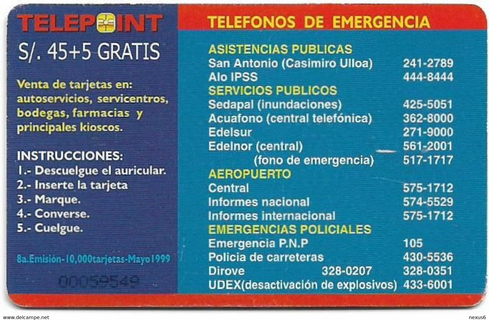 Peru - Telepoint - Public Phone Keyboard, 05.1999, 45+5Sol, 10.000ex, Used - Pérou