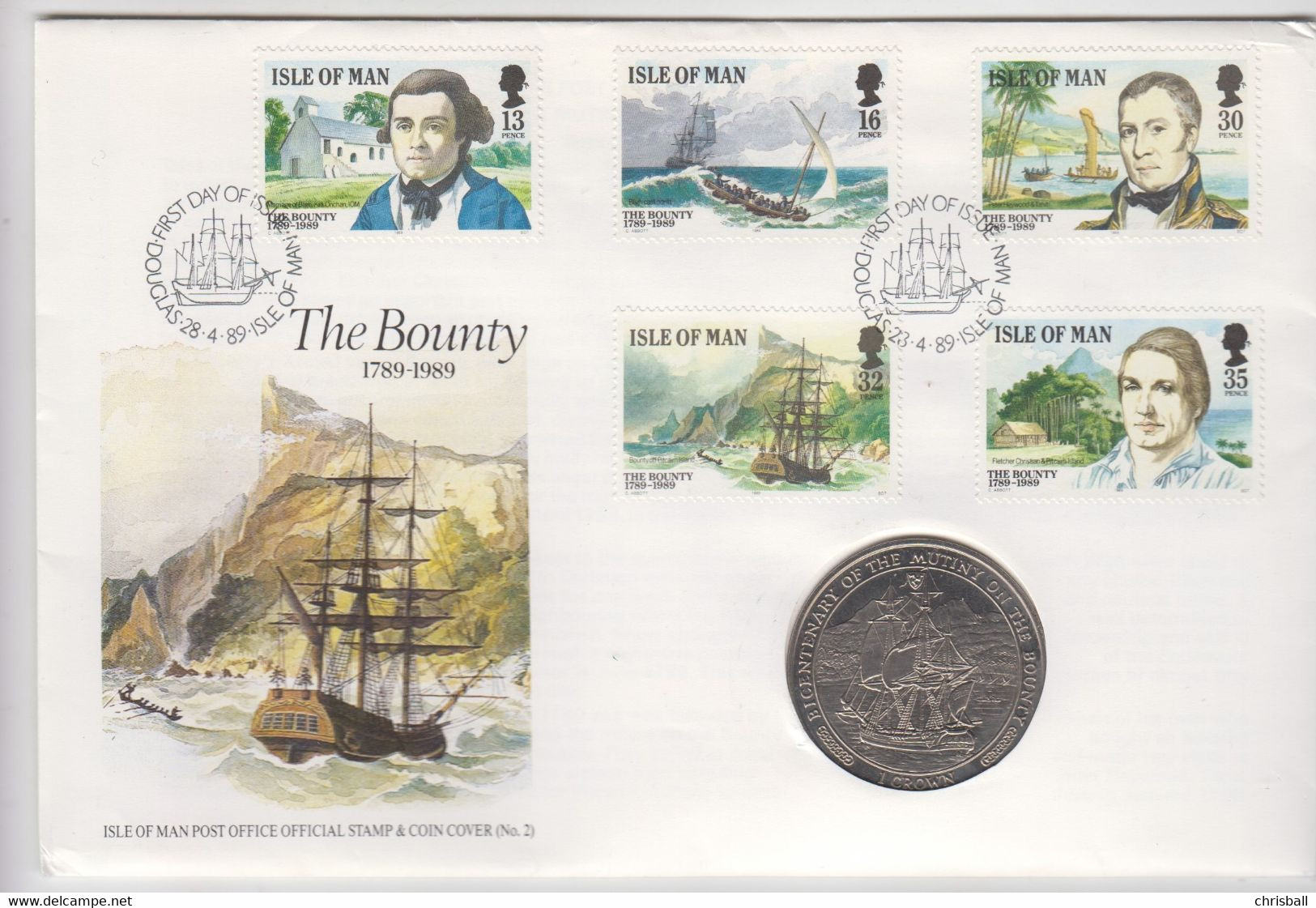 Isle Of Man 1989 Crown Coin Cover - Mutiny On Bounty - Isle Of Man