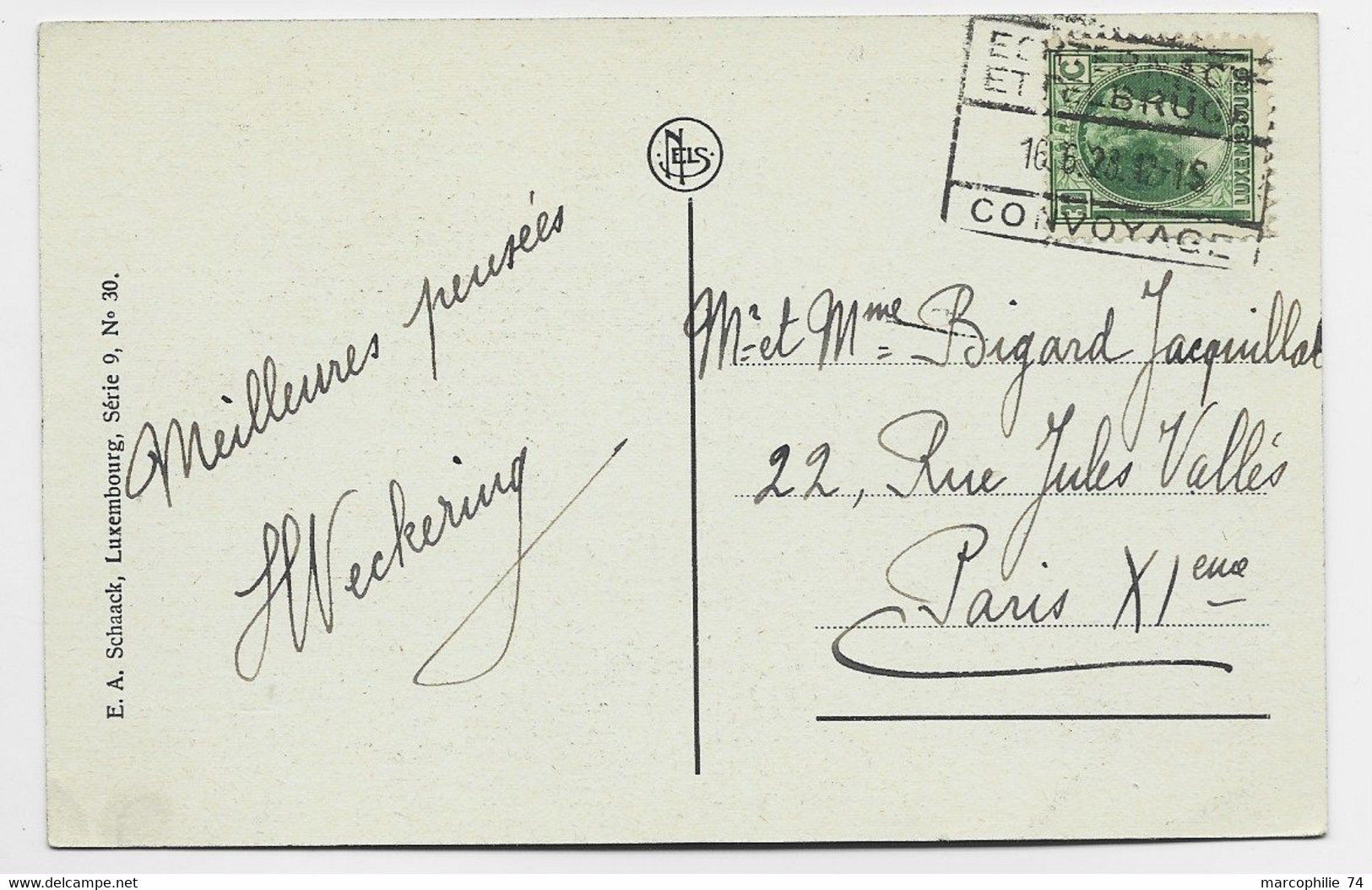 LUXEMBOURG 30C VERT SEUL SOLO CARD GRIFFE CONVOYAGE ECHTERNACH 16.6.1928 TO FRANCE - 1914-24 Marie-Adelaide