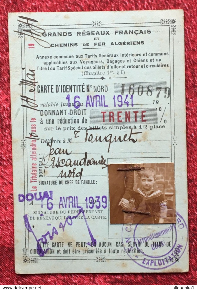 Rare :WW2-1939/41-Carte 30% Grands Réseaux Français Chemins De Fer Algériens Ticket Titre Transport-Billet Train-Railway - Europe