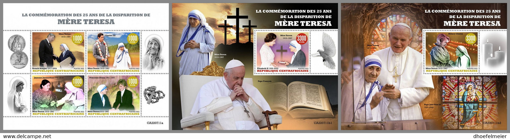 CENTRALAFRICA 2022 MNH Mother Teresa Mutter Teresa Mere Teresa M/S+2S/S - OFFICIAL ISSUE - DHQ2308 - Moeder Teresa