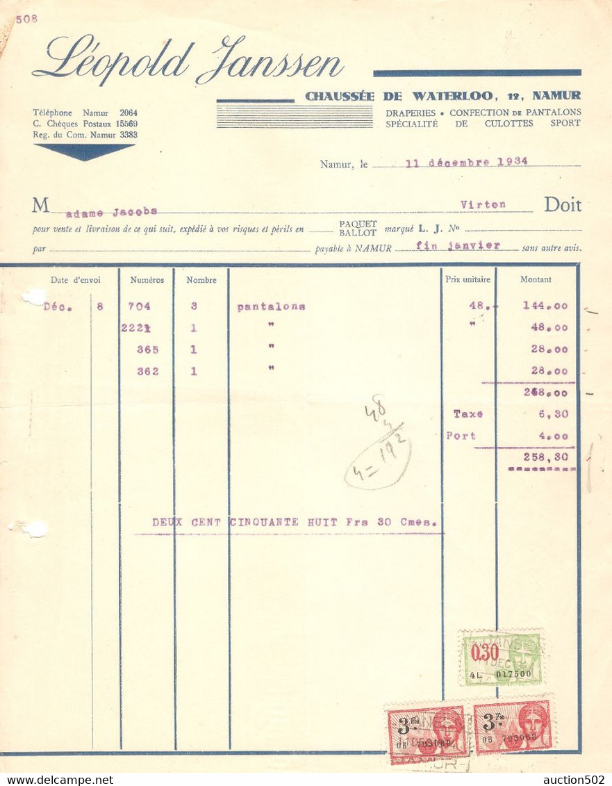 Facture Léopold Janssen Draperies Confection De Pantalons Namur 1934 Timbres Fiscaux > Virton - Textile & Clothing