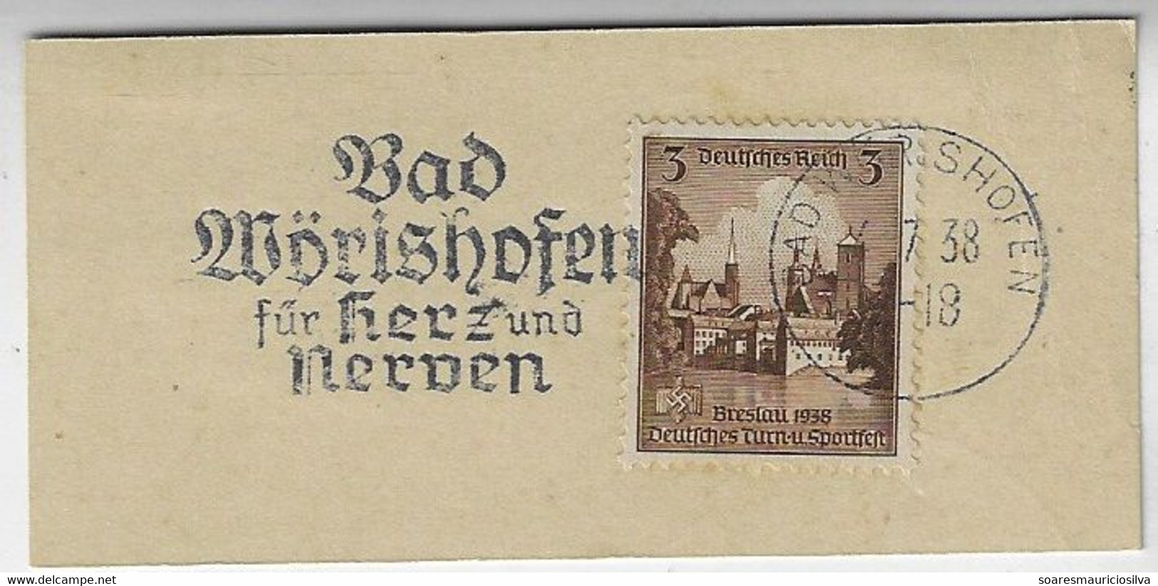 Germany 1938 Fragment Stamp Breslau 3 Pf Slogan Cancel "Bad Wörishofen for Heart And Nerves" Hydrotherapy Health - Termalismo