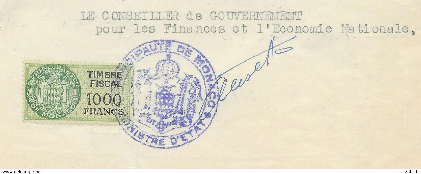 TIMBRES FISCAUX DE MONACO SERIE UNIFIEE  N°19  1000F Vert Sur Papier Timbre 45 FR Du 24 Janvier 1956 - Fiscaux