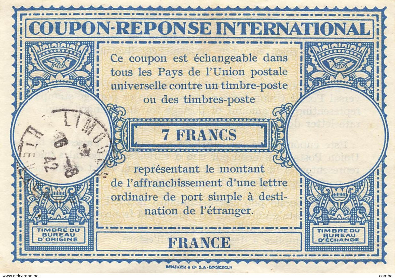 COUPON REPONSE INTERNATIONAL 7 FRANCS LIMOGES 1942 - Reply Coupons