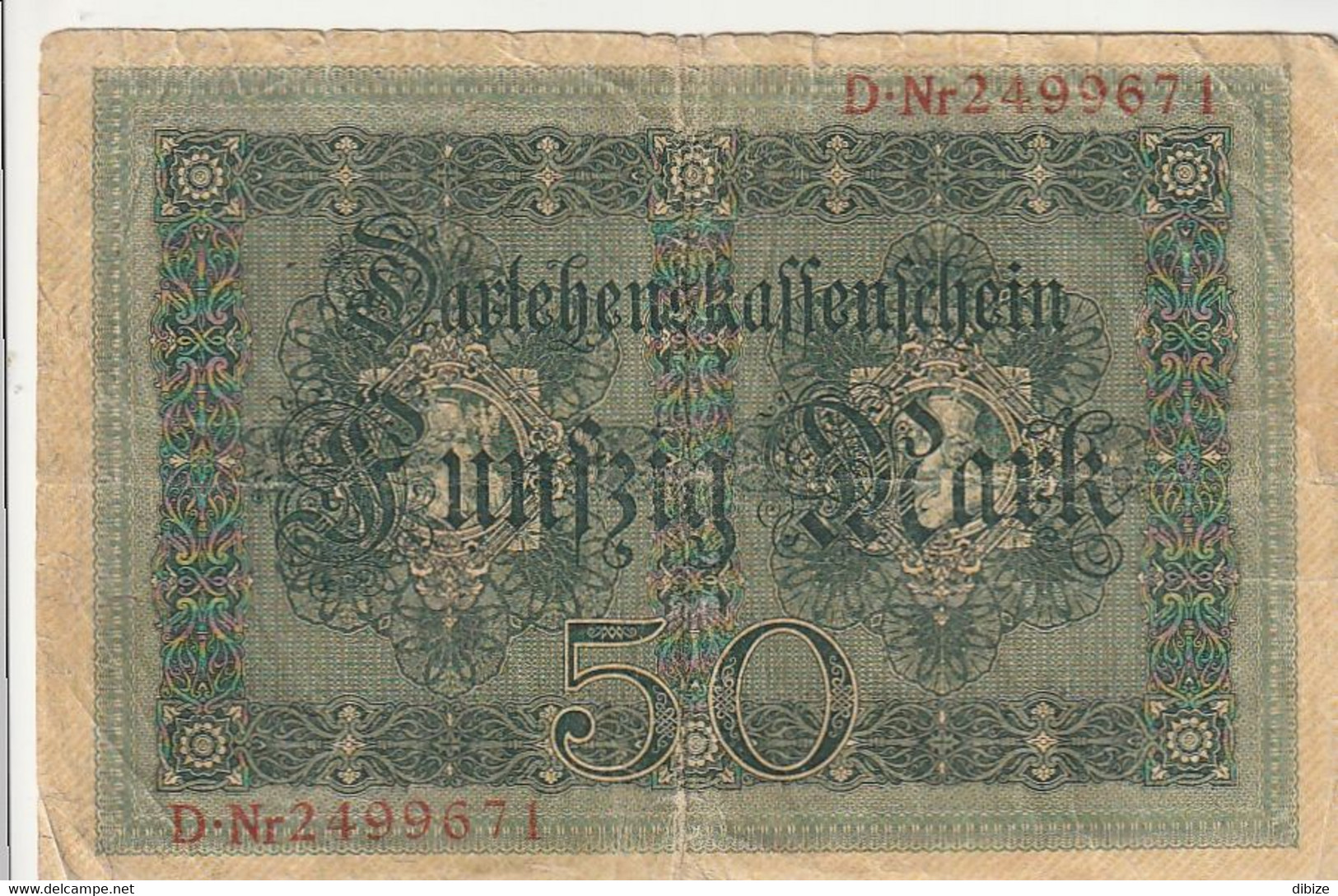 Billet De Banque Usagé. Empire Allemand. 50 Marks. 1914. Etat Très Moyen. Taches. Plié. Petites Déchirures. - 50 Mark