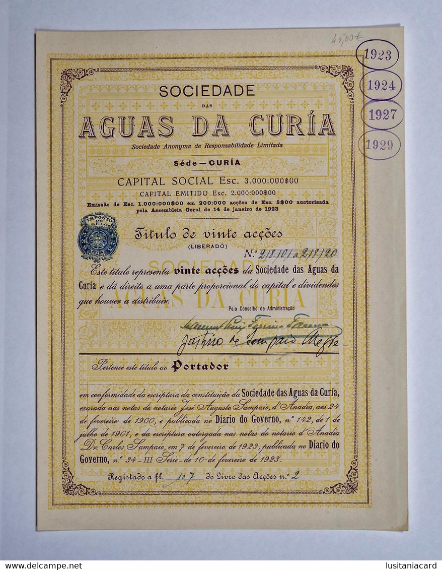 PORTUGAL-ANADIA-CURIA-Sociedade Das Aguas Da Curia-Titulo De Vinte Acções  Nº218101 A 218120 - 1923 - Agua