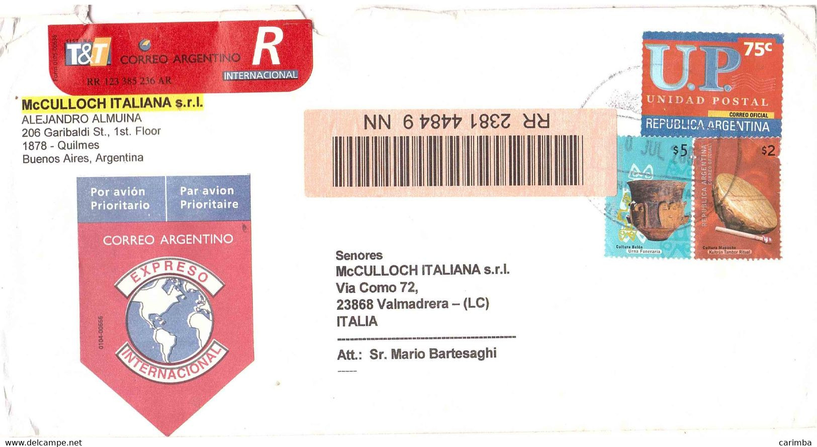 CULTURA MAPUCHE UNIDAD POSTAL RACCOMANDATA INTERNAZIONALE PER ITALIA - Lettres & Documents