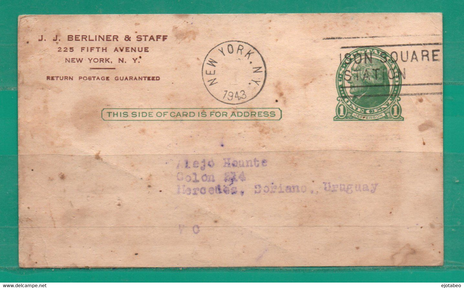 83 Estados Unidos1943 Entero Postal-1cts. Verde Impreso Circ.a Mercedes-URUGUAY-Ver Descrip-SEE DESCRIPTION TT: Seguros - 1941-60