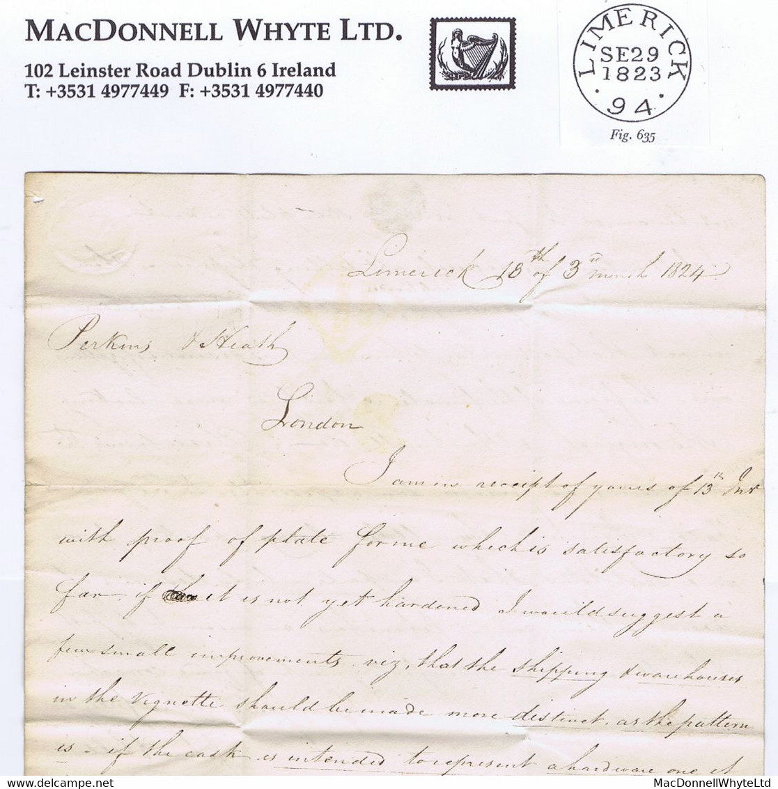 Ireland Limerick 1824 Letter To Perkins & Heath (printers Of Penny Black), Large LIMERICK/94 Town Mileage Cds For MR 19 - Prephilately