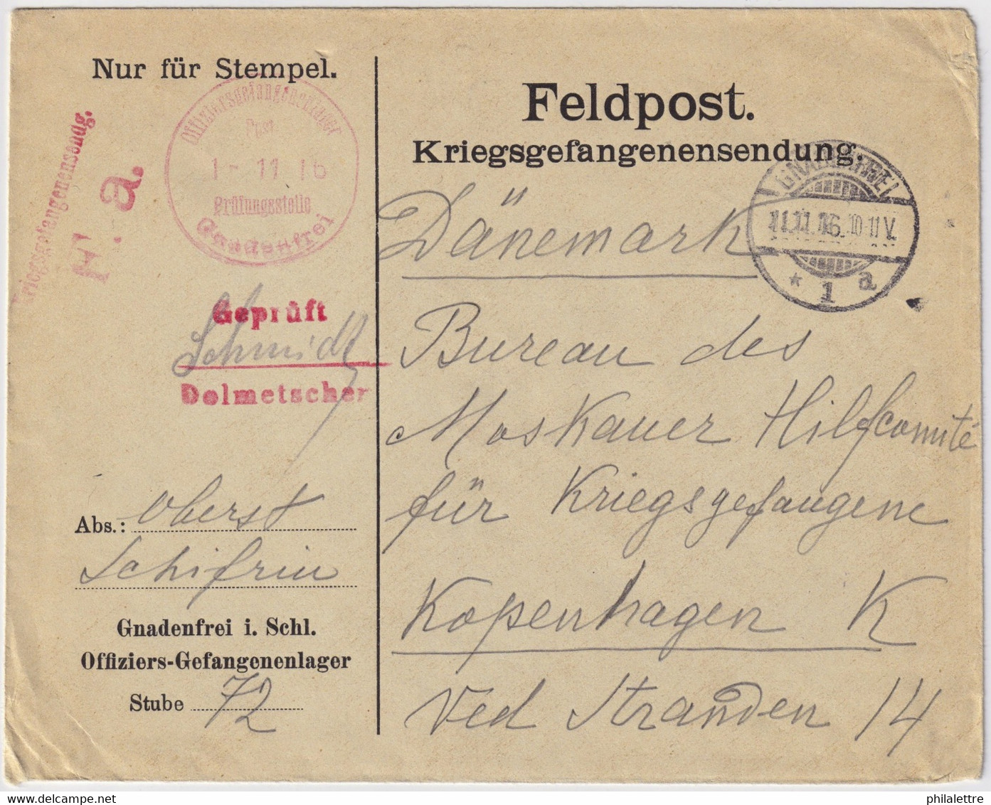 ALLEMAGNE / DEUTSCHLAND - 1916 Kgf-Umschlag Aus Oflag GNADENFREI I. SCHLESIEN Nach Dänemark - Lettres & Documents