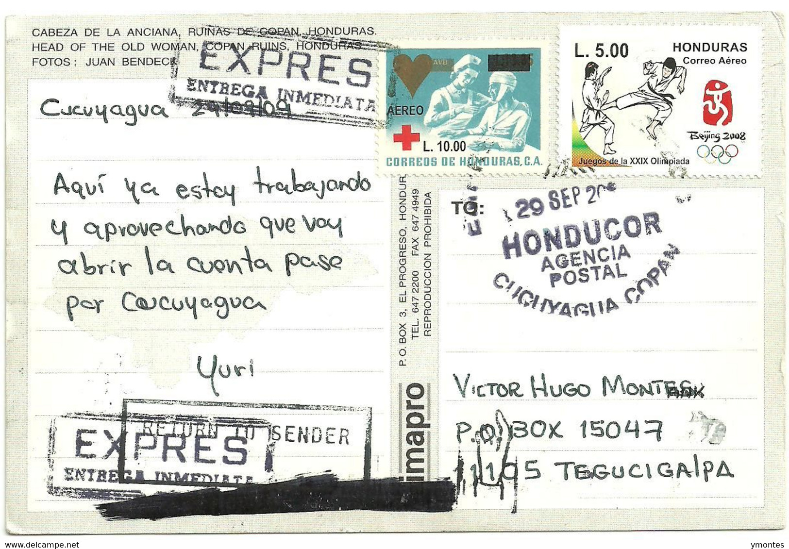 Circulated Cucuyagua To Tegucigalpa 2009, Olympic Games Beijing 2008 Stamp - Honduras