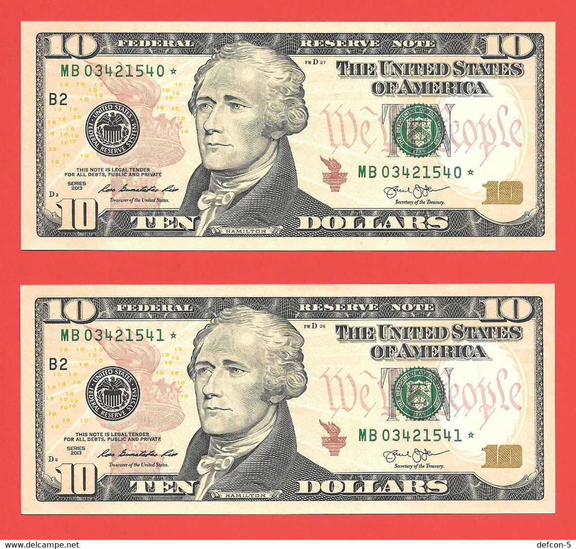 Mega Top-Rarität ! STAR-Note: 2x 10 US-Dollar Fortlaufend [2013] > MB03421540-...41* < 2. Lauf Mit 640.000 {$004-010} - National Currency