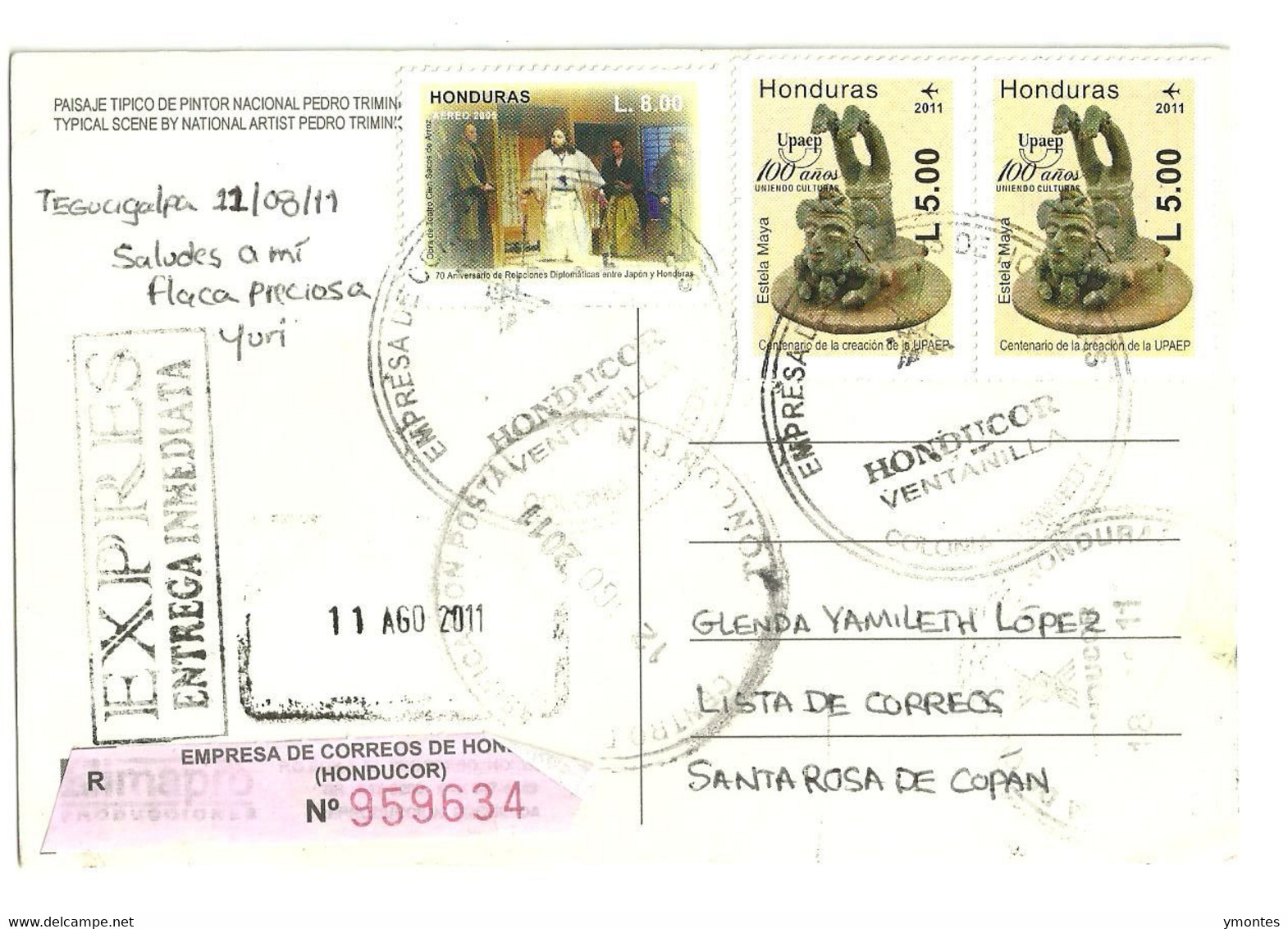 Circulated Tegucigalpa To Santa Rosa De Copan 2011 ( 70 Anniv.Diplomatic Relations With Japan And UPAEP 2011 Stamps) - Honduras