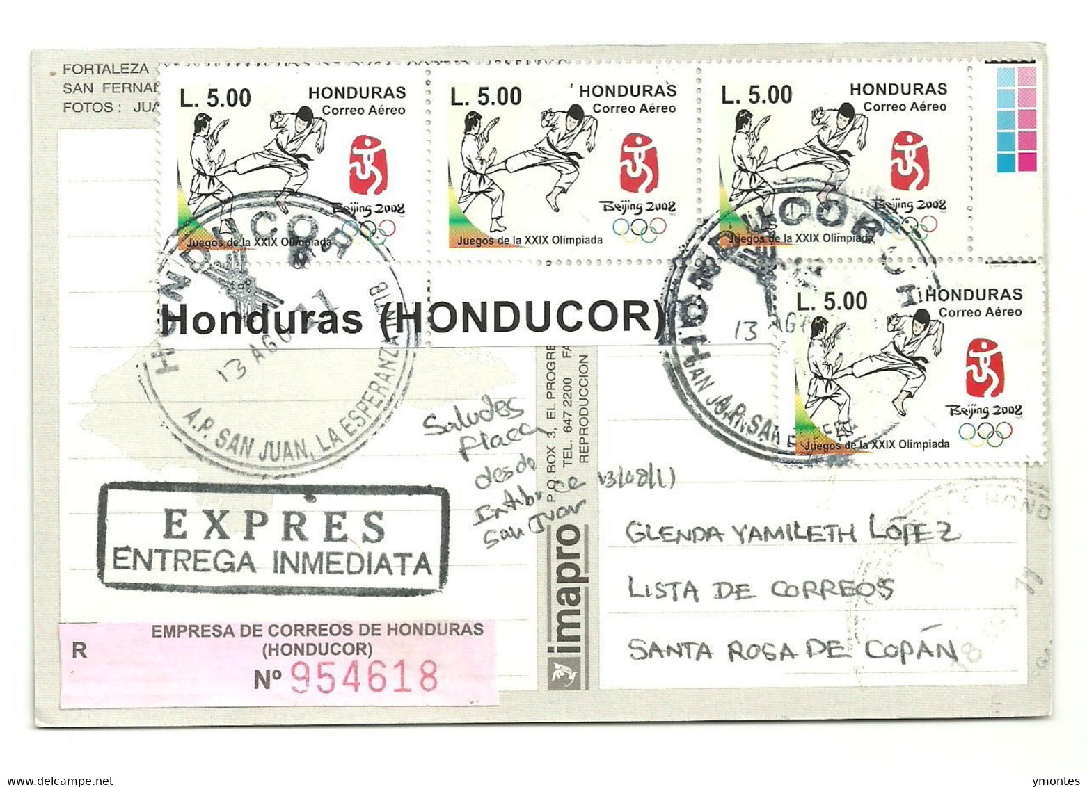 Circulated San Juan Intibuca To Santa Rosa De Copan 2011, Olympic Games Beijing 2008 Stamp - Honduras