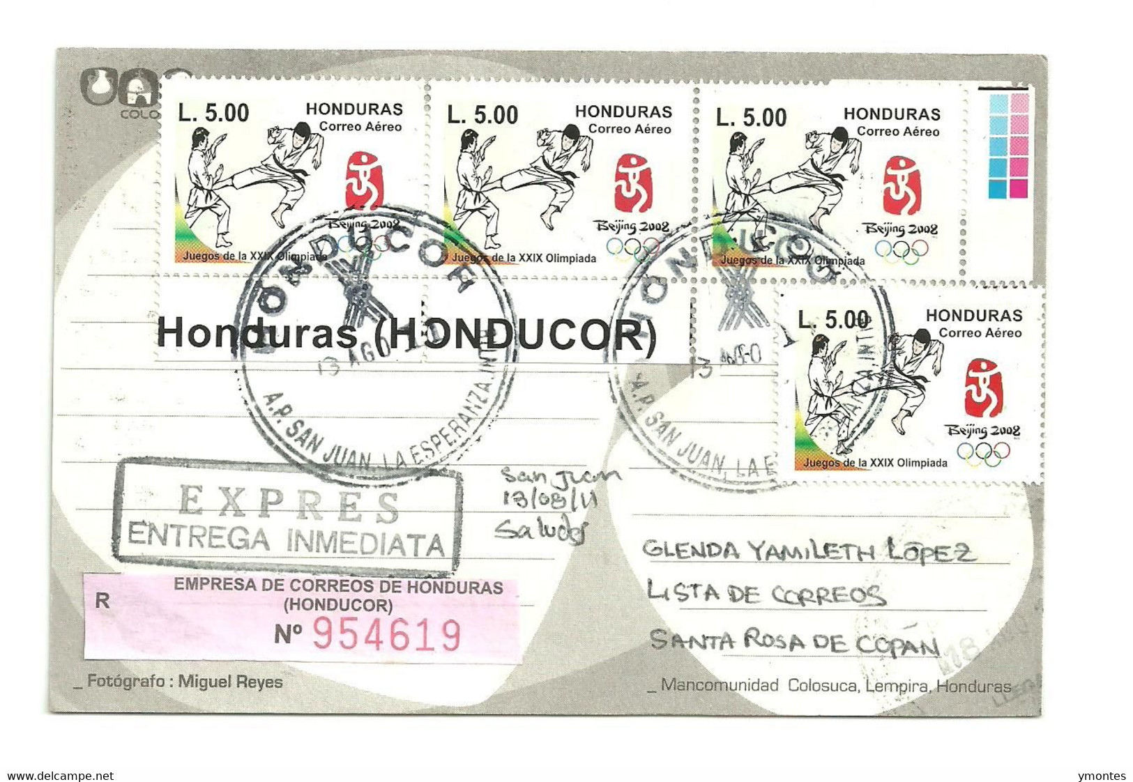 Circulated San Juan Intibuca To Santa Rosa De Copan 2011, Olympic Games Beijing 2008 Stamp - Honduras