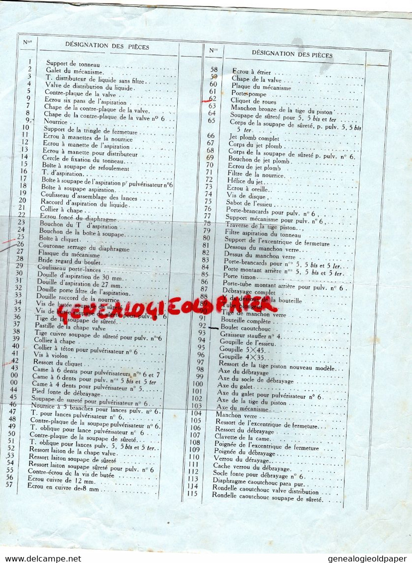 47- AGEN- RARE DEPLIANT NOMENCLATURE PIECES RECHANGE PULVERISATEUR ACIDE SULFURIQUE ETS. L. NICOLAS- 142 BD REPUBLIQUE- - Agriculture